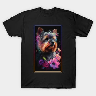 Yorkshire Terrier Dog Vibrant Tropical Flower Tall Digital Oil Painting Portrait T-Shirt